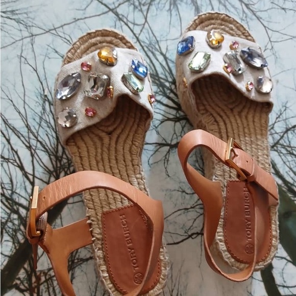 Tory Burch Jeweled Espadrille Platform Sandals — Tan & Natural - Picture 6 of 7